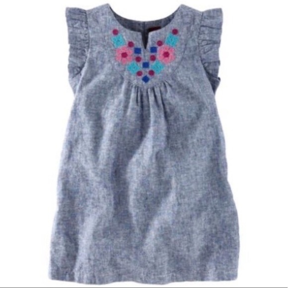 Tea Collection Flutter Sleeve Chambray Dress Size 4 Linen Cotton Embroidered - Picture 1 of 8